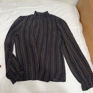 Smocked Neck Black Chevron-Stripe Long-Sleeve Blouse